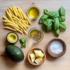 Step-by-step preparation of Creamy Avocado Pasta showing ingredients and initial cooking steps