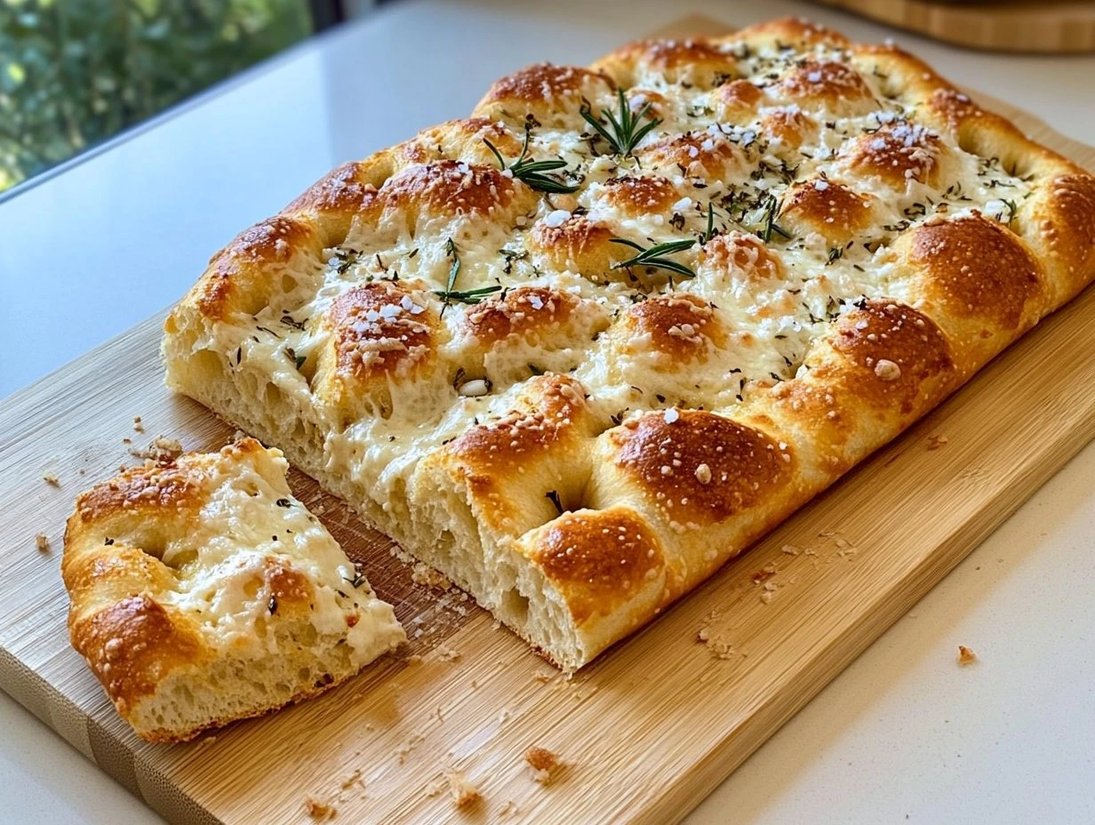 Perfectly cooked Garlic Parmesan Focaccia Bread served and ready to eat - final result