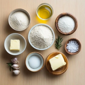 Step-by-step preparation of Garlic Parmesan Focaccia Bread showing ingredients and initial cooking steps