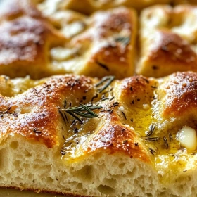 Close-up of Garlic Parmesan Focaccia Bread showing texture, layers, and glossy finish