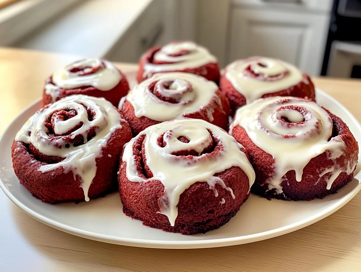 Perfectly cooked Heavenly Red Velvet Cinnamon Rolls served and ready to eat - final result