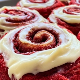 Close-up of Heavenly Red Velvet Cinnamon Rolls showing texture, layers, and glossy finish