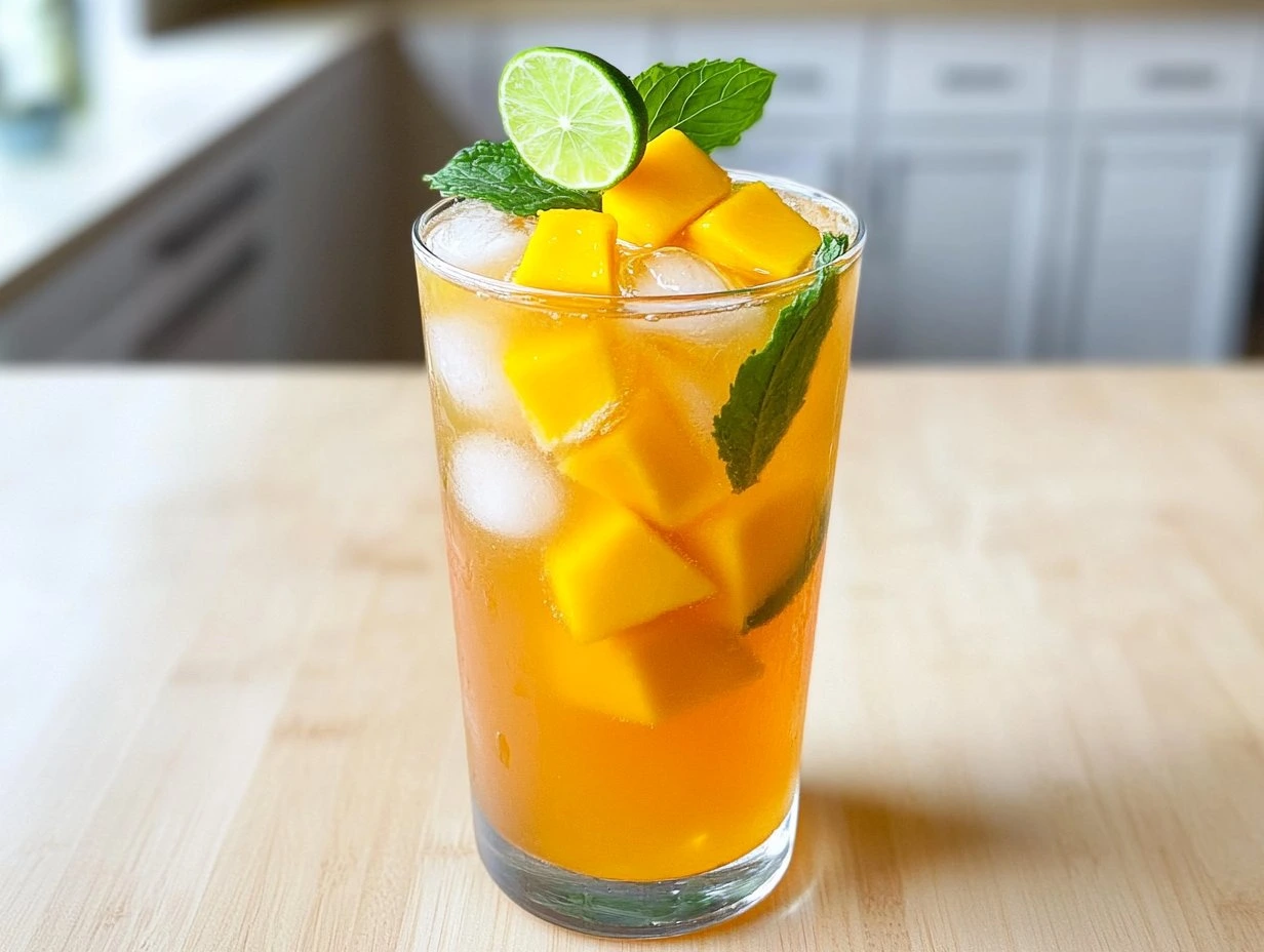 Perfectly cooked Refreshing Mango Iced Tea served and ready to eat - final result