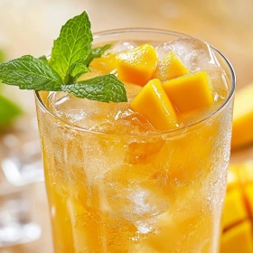 Close-up of Refreshing Mango Iced Tea showing texture, layers, and glossy finish