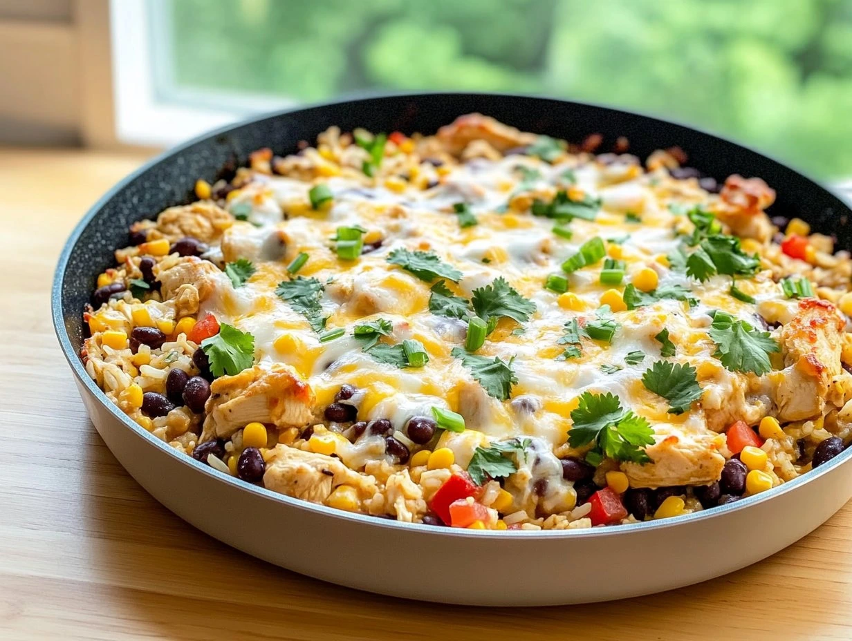 Perfectly cooked Healthy One-Pan Chicken Burrito Casserole served and ready to eat - final result