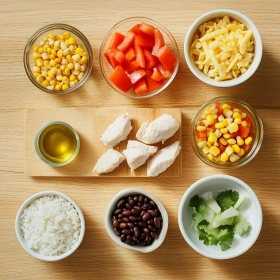 Step-by-step preparation of Healthy One-Pan Chicken Burrito Casserole showing ingredients and initial cooking steps