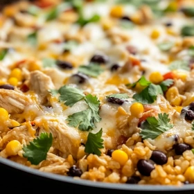 Close-up of Healthy One-Pan Chicken Burrito Casserole showing texture, layers, and glossy finish