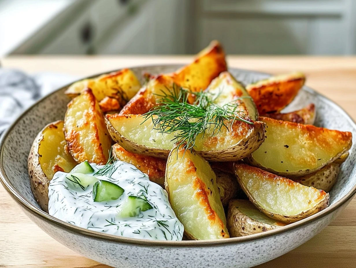 Perfectly cooked Crispy Greek Potato Wedges served and ready to eat - final result