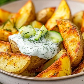 Close-up of Crispy Greek Potato Wedges showing texture, layers, and glossy finish