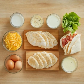 Step-by-step preparation of Crispy Chicken Bacon Ranch Wrap showing ingredients and initial cooking steps