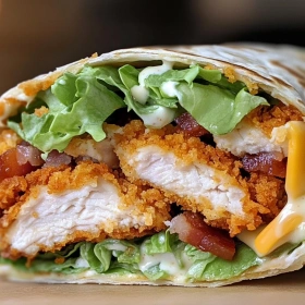 Close-up of Crispy Chicken Bacon Ranch Wrap showing texture, layers, and glossy finish