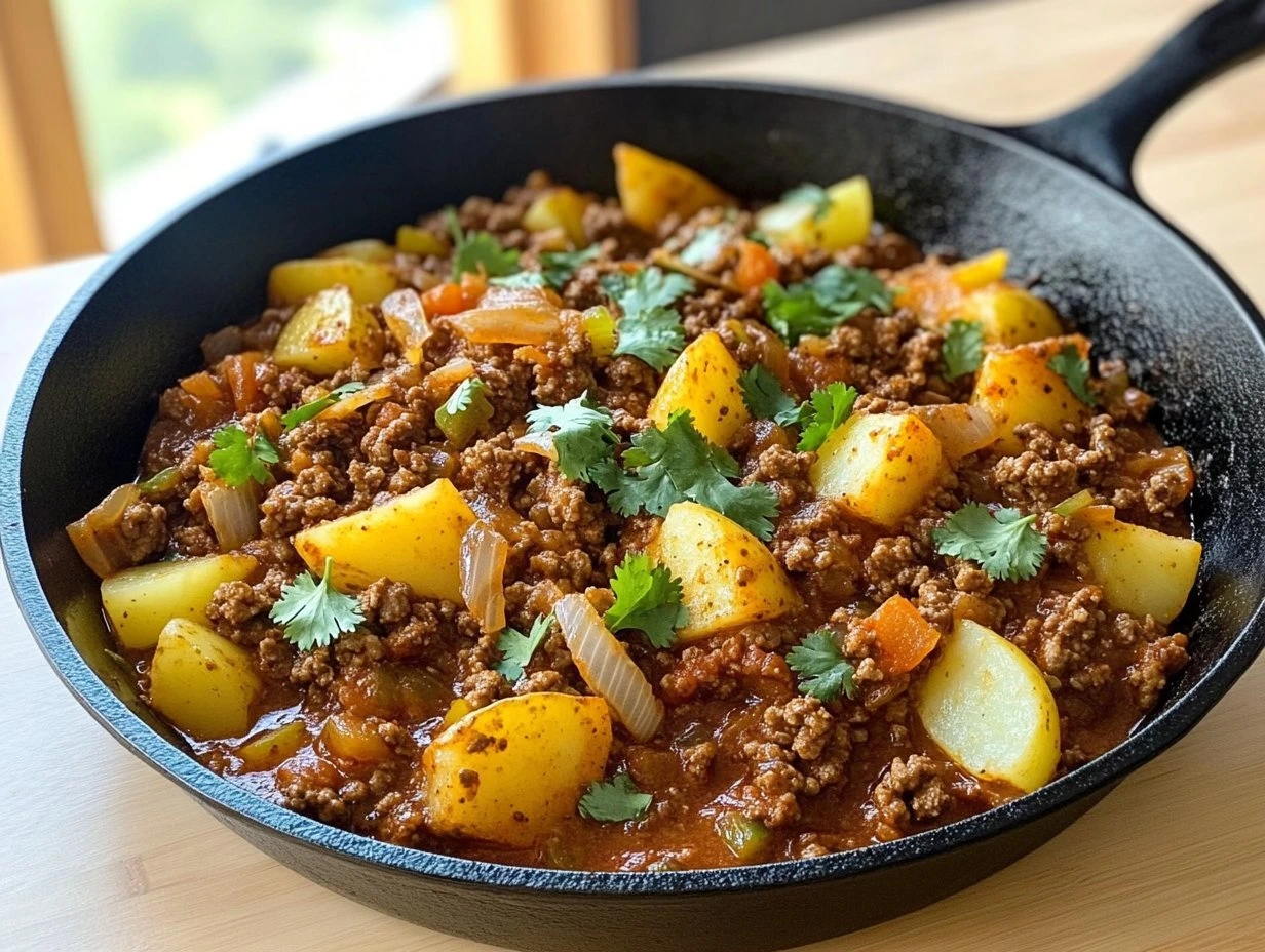 Perfectly cooked Hearty Mexican Picadillo Skillet served and ready to eat - final result