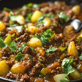 Close-up of Hearty Mexican Picadillo Skillet showing texture, layers, and glossy finish