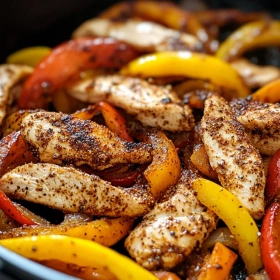 Close-up of Air Fryer Chicken Fajitas showing texture, layers, and glossy finish