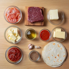 Step-by-step preparation of Crispy Beef and Cheese Chimichangas showing ingredients and initial cooking steps