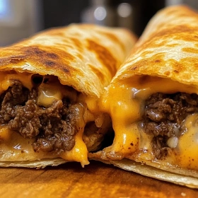 Close-up of Crispy Beef and Cheese Chimichangas showing texture, layers, and glossy finish
