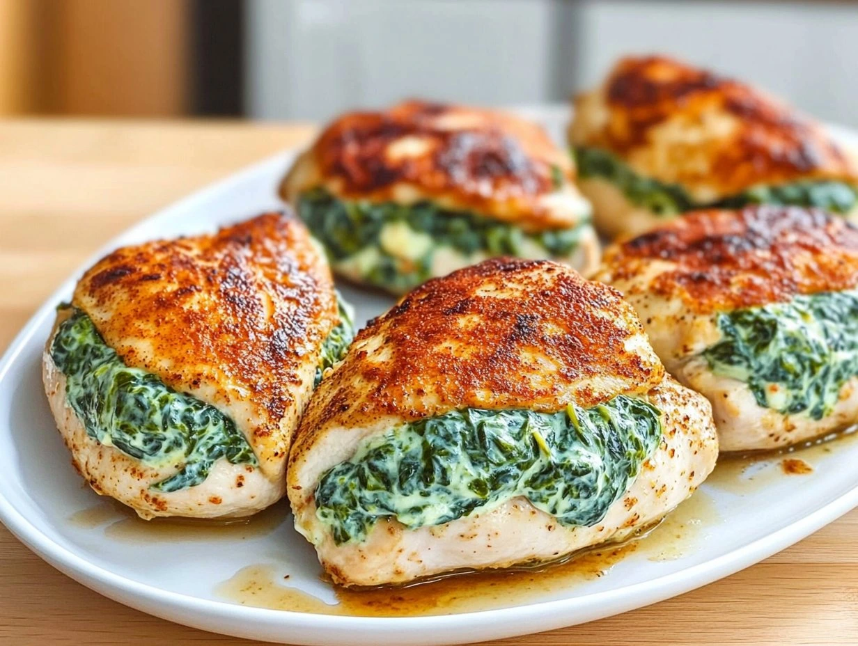 Perfectly cooked Creamy Spinach Stuffed Chicken served and ready to eat - final result