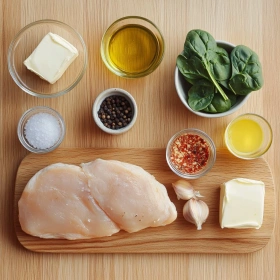 Step-by-step preparation of Creamy Spinach Stuffed Chicken showing ingredients and initial cooking steps