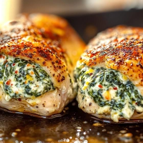 Close-up of Creamy Spinach Stuffed Chicken showing texture, layers, and glossy finish