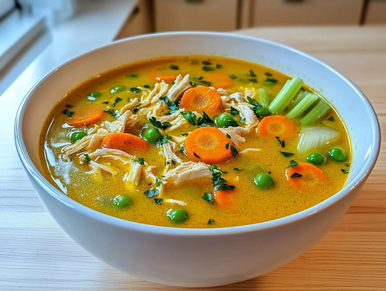 Perfectly cooked Anti-Inflammatory Turmeric Chicken Soup served and ready to eat - final result