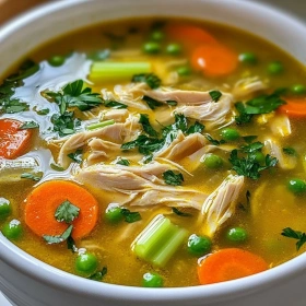 Close-up of Anti-Inflammatory Turmeric Chicken Soup showing texture, layers, and glossy finish