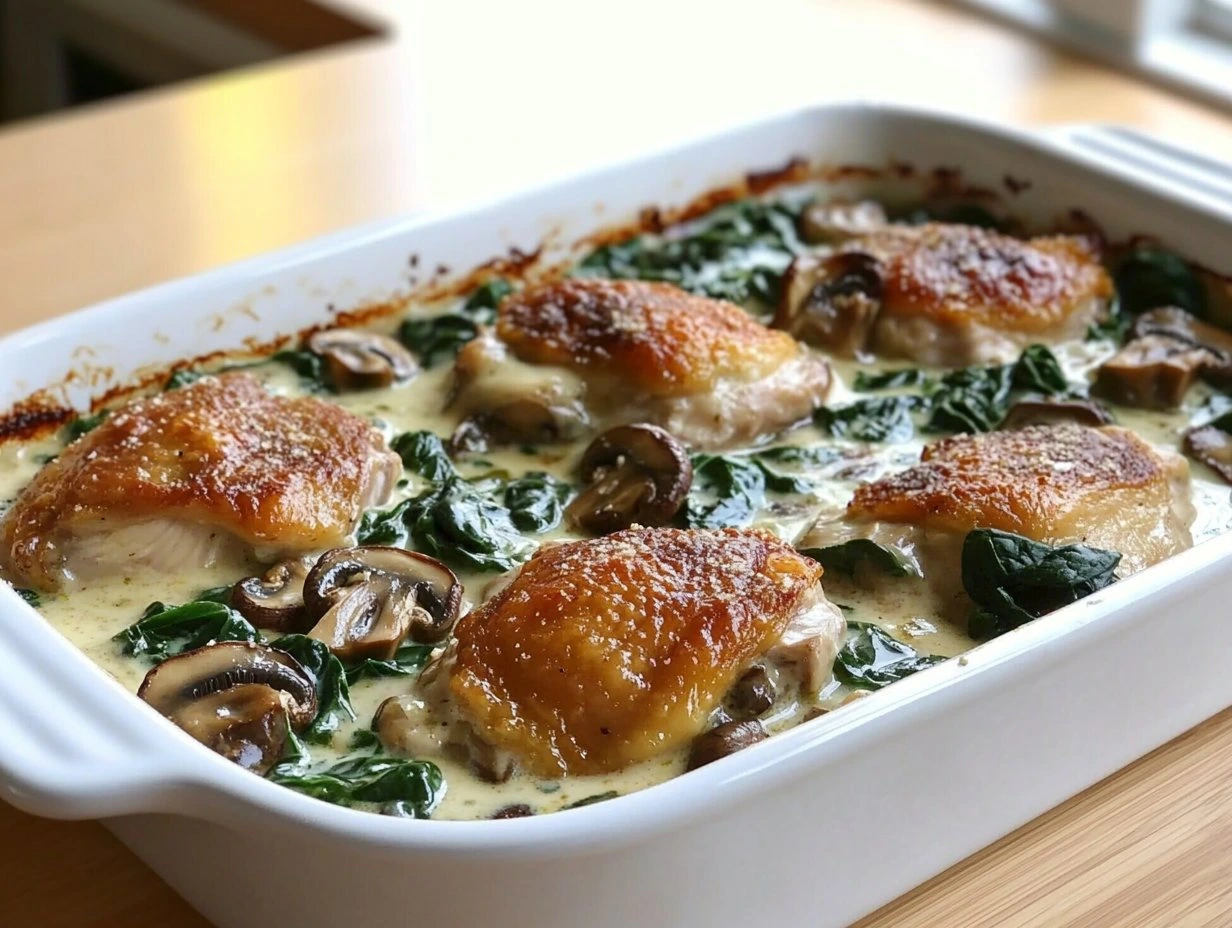 Perfectly cooked Creamy Chicken Spinach Mushroom Bake served and ready to eat - final result