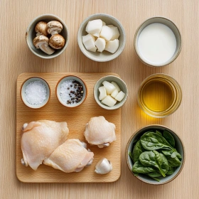 Step-by-step preparation of Creamy Chicken Spinach Mushroom Bake showing ingredients and initial cooking steps