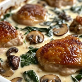 Close-up of Creamy Chicken Spinach Mushroom Bake showing texture, layers, and glossy finish