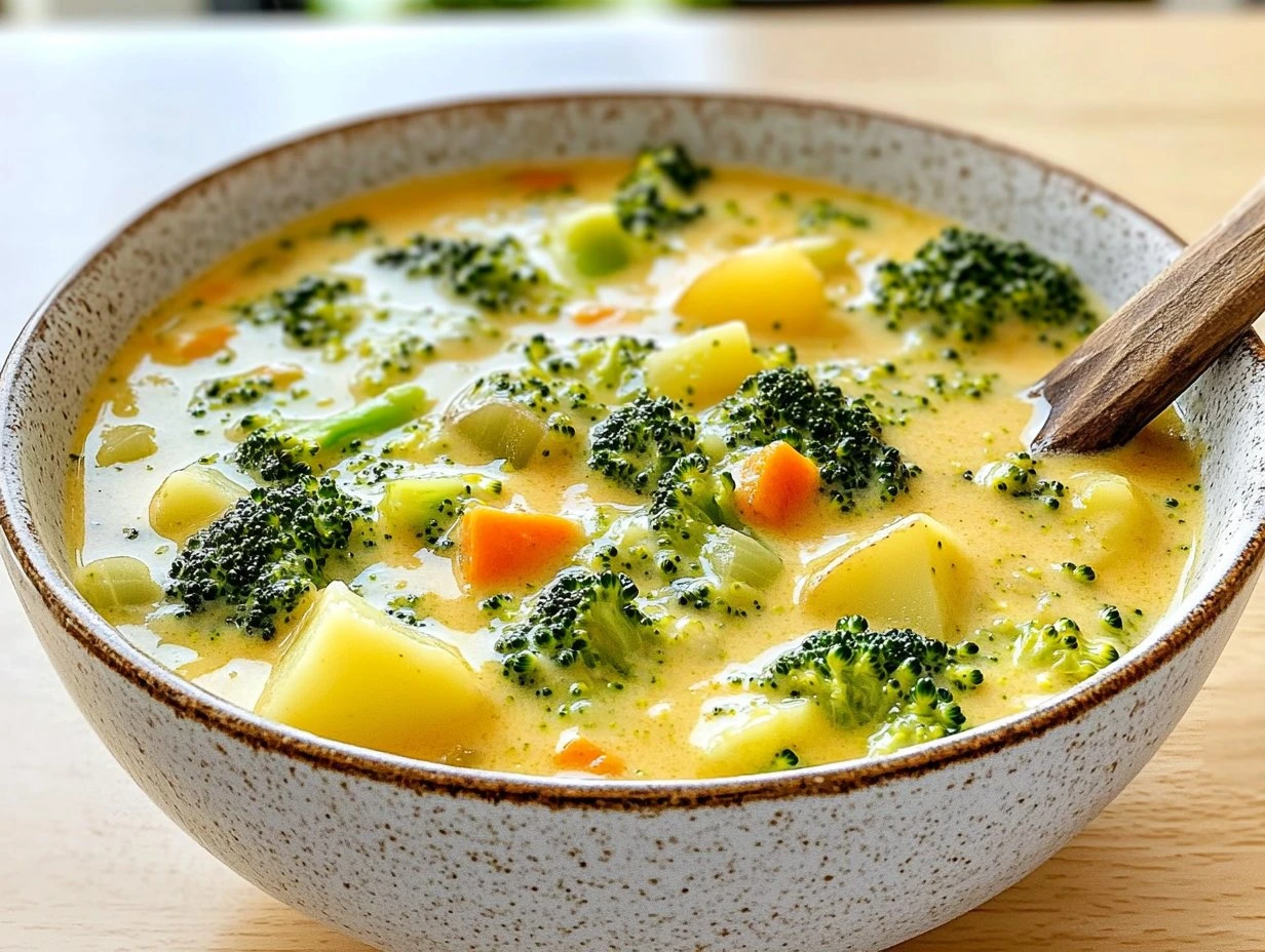 Perfectly cooked Creamy Broccoli Potato Cheese Soup served and ready to eat - final result