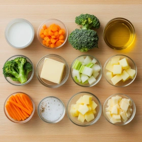 Step-by-step preparation of Creamy Broccoli Potato Cheese Soup showing ingredients and initial cooking steps