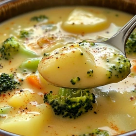 Close-up of Creamy Broccoli Potato Cheese Soup showing texture, layers, and glossy finish