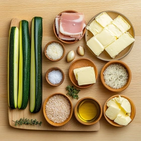 Step-by-step preparation of Cordon-Bleu de Courgette Gratiné showing ingredients and initial cooking steps