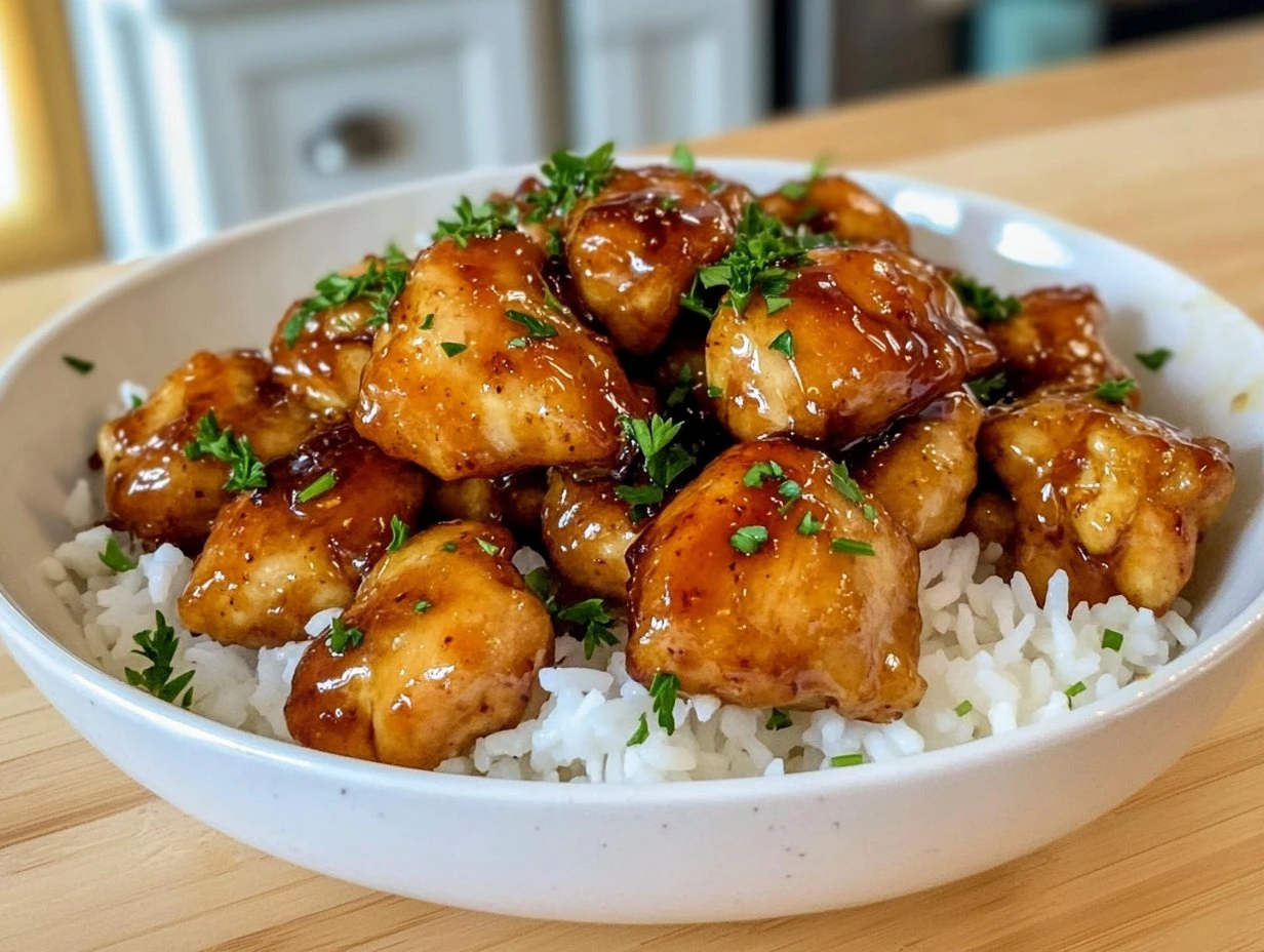 Perfectly cooked Sticky Honey Garlic Chicken Bites served and ready to eat - final result