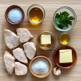 Step-by-step preparation of Sticky Honey Garlic Chicken Bites showing ingredients and initial cooking steps
