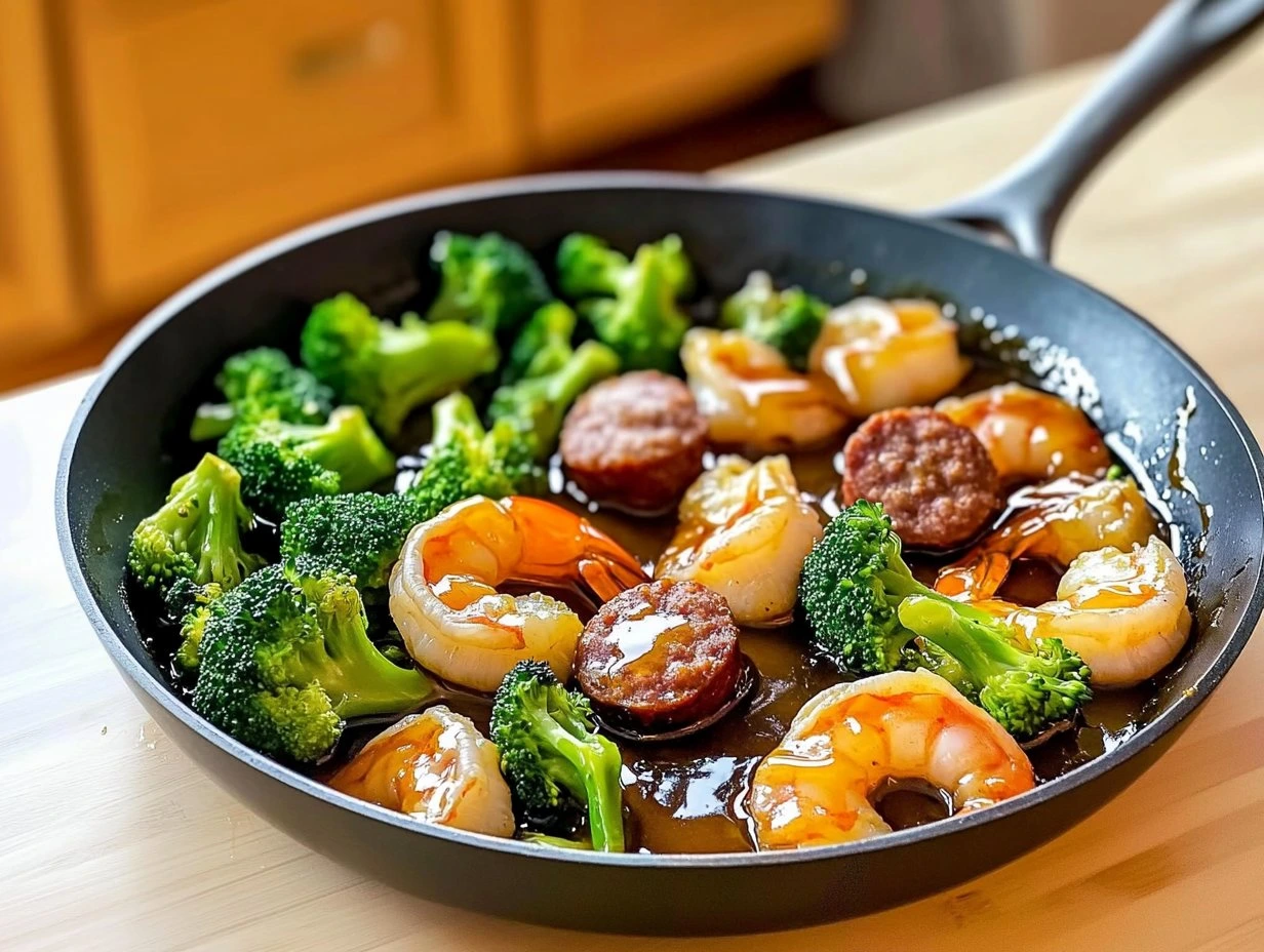 Perfectly cooked Honey Garlic Shrimp Sausage Skillet served and ready to eat - final result