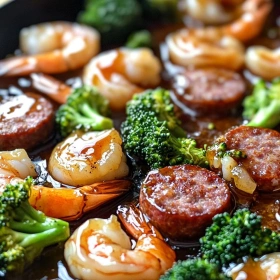 Close-up of Honey Garlic Shrimp Sausage Skillet showing texture, layers, and glossy finish