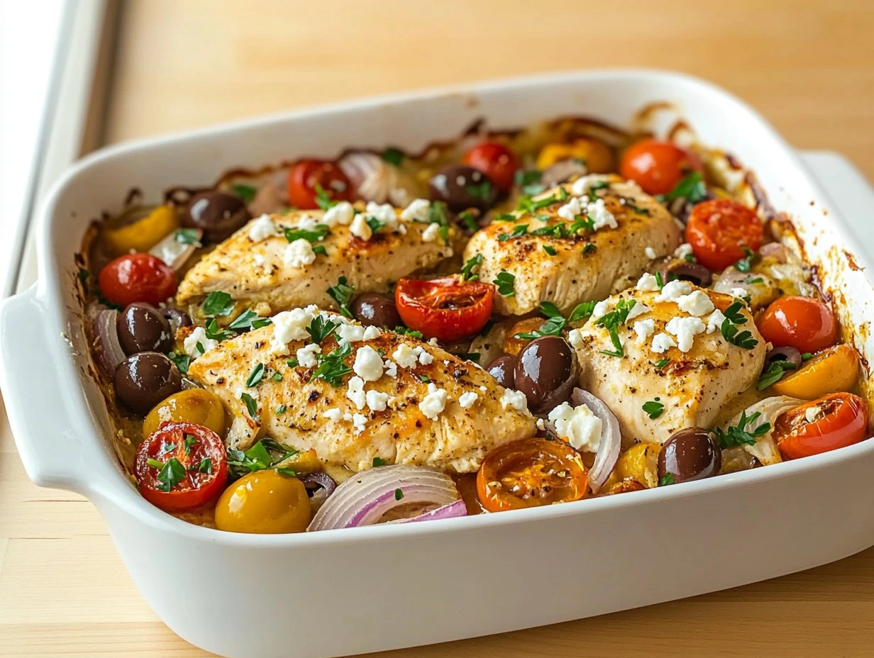 Perfectly cooked Mediterranean Chicken Bake served and ready to eat - final result