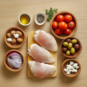 Step-by-step preparation of Mediterranean Chicken Bake showing ingredients and initial cooking steps