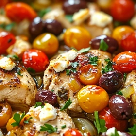 Close-up of Mediterranean Chicken Bake showing texture, layers, and glossy finish