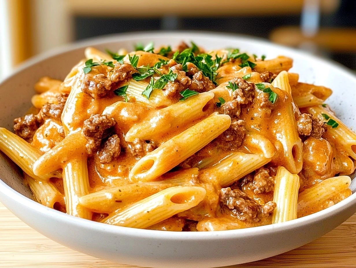 Perfectly cooked Quick Creamy Beef Pasta served and ready to eat - final result