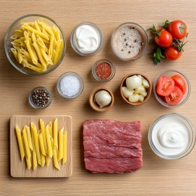 Step-by-step preparation of Quick Creamy Beef Pasta showing ingredients and initial cooking steps
