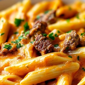 Close-up of Quick Creamy Beef Pasta showing texture, layers, and glossy finish