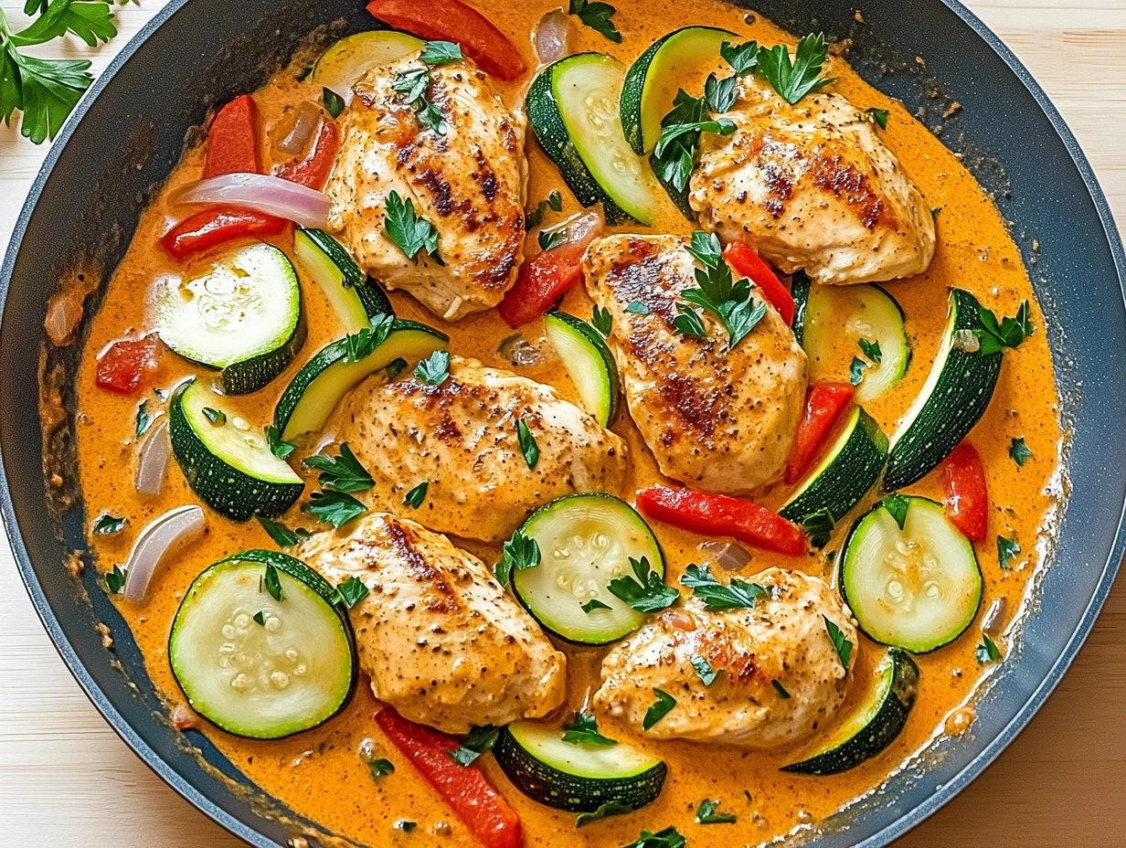 Perfectly cooked Paprika Zucchini Chicken Skillet served and ready to eat - final result
