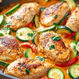 Close-up of Paprika Zucchini Chicken Skillet showing texture, layers, and glossy finish