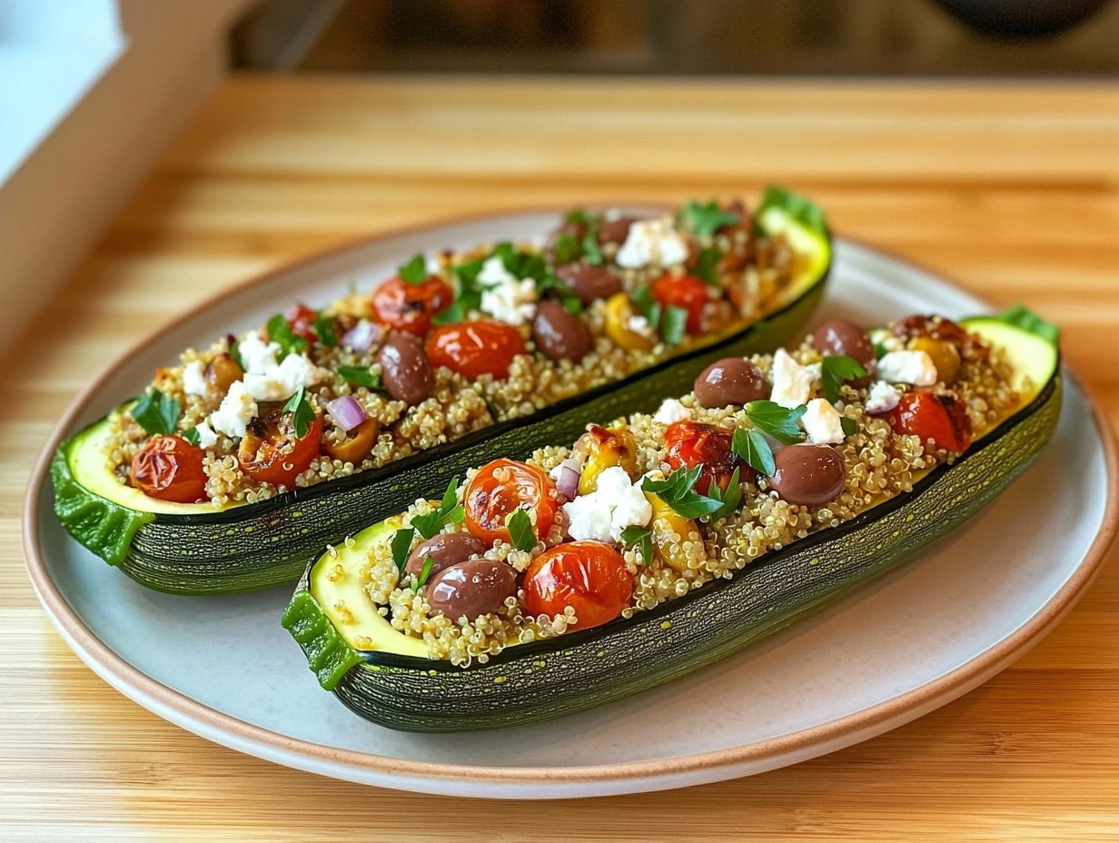 Perfectly cooked Mediterranean Stuffed Zucchini Boats served and ready to eat - final result
