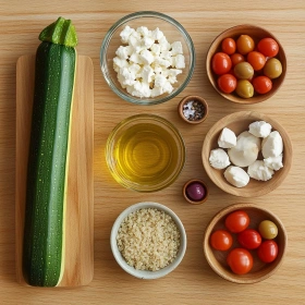Step-by-step preparation of Mediterranean Stuffed Zucchini Boats showing ingredients and initial cooking steps