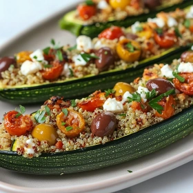 Close-up of Mediterranean Stuffed Zucchini Boats showing texture, layers, and glossy finish