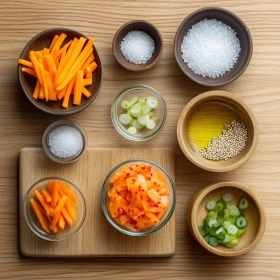 Step-by-step preparation of Korean Carrot Salad showing ingredients and initial cooking steps