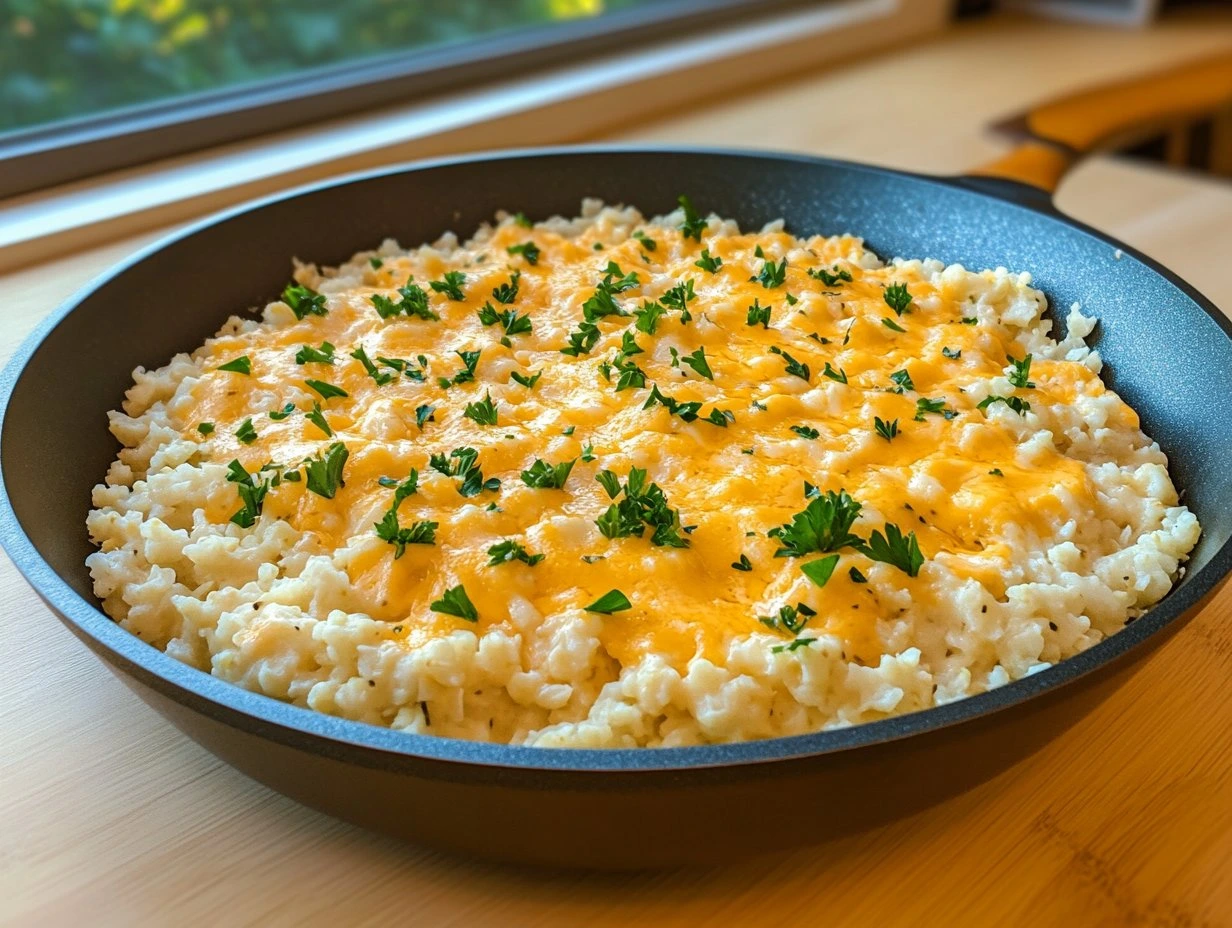 Perfectly cooked Cheesy Cauliflower Rice Skillet served and ready to eat - final result