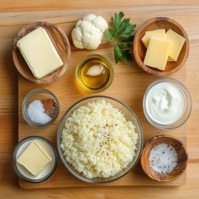 Step-by-step preparation of Cheesy Cauliflower Rice Skillet showing ingredients and initial cooking steps